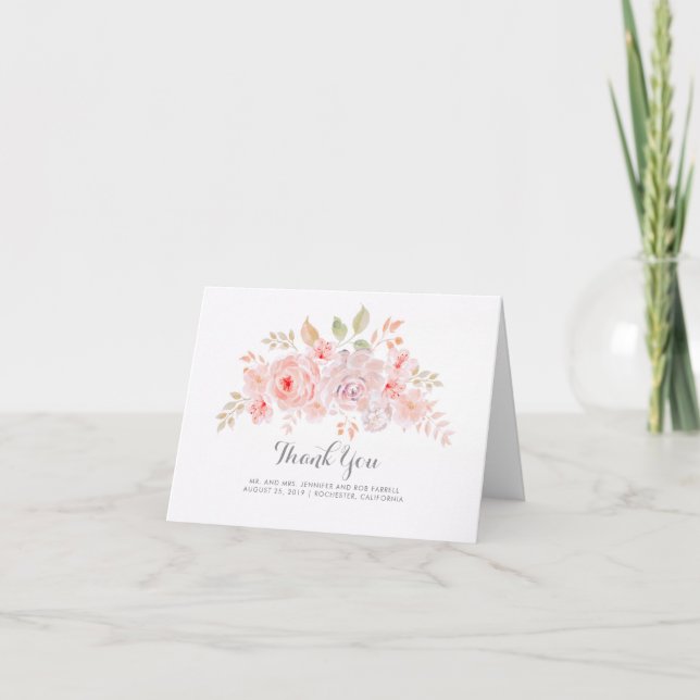 Pink Floral Elegant Wedding Thank You Card (Front)