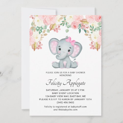 Pink Floral Eleghant Girl Baby Shower Invitation