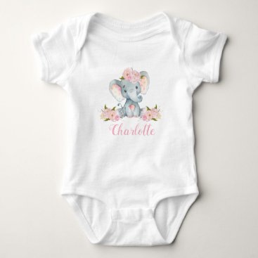 Pink Floral Elephant 1st Birthday Baby Bodysuit