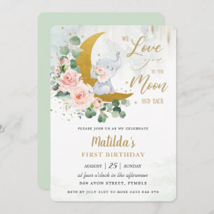 Pink Floral Elephant 1st Birthday Crescent Moon Invitation
