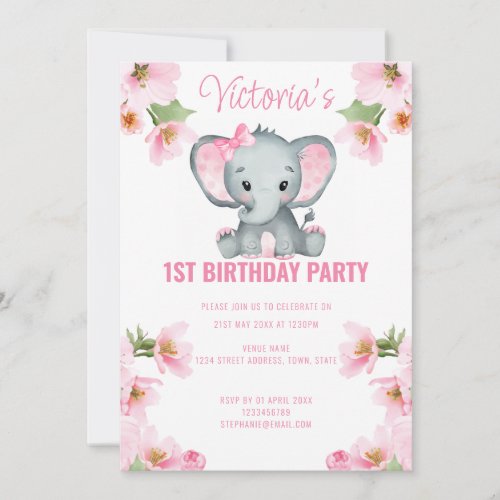 Pink Floral Elephant 1st Birthday Invitation