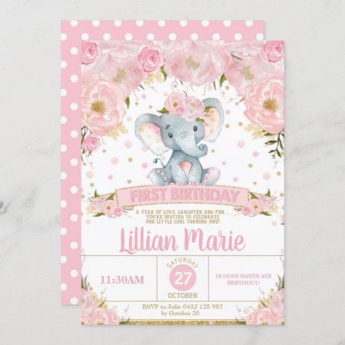 Pink Floral Elephant 1st Birthday Invitation Girl