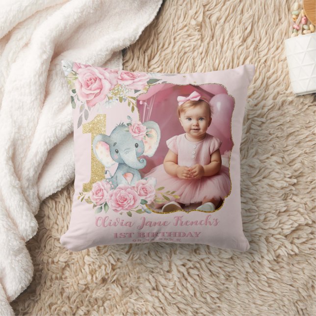 Pink Floral Elephant 1st Birthday Photo Keepsake Throw Pillow (Blanket)