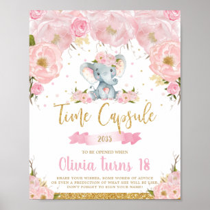 Pink Floral Elephant 1st Birthday Time Capsule Poster
