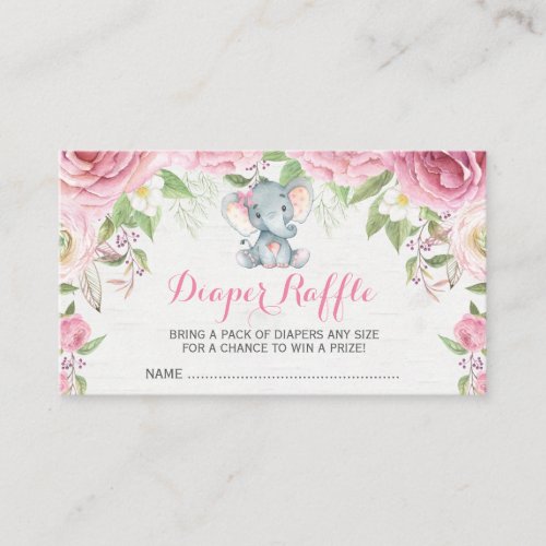Pink Floral Elephant Baby Diaper Raffle Ticket Enclosure Card