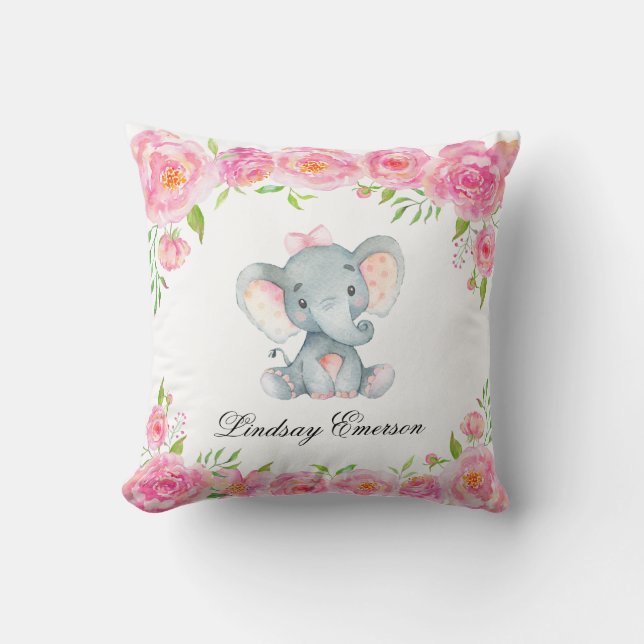 Pink Floral Elephant Baby Nursery Throw Pillow (Front)