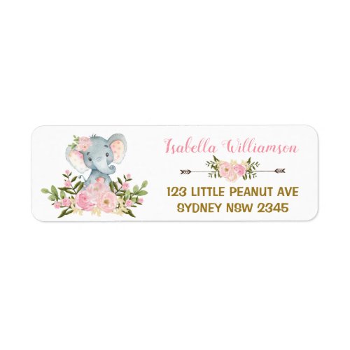 Pink Floral Elephant Baby Shower Address Label