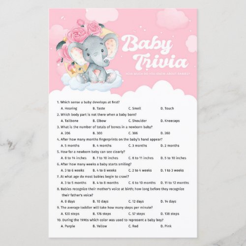Pink Floral Elephant Baby Shower Baby Trivia Game