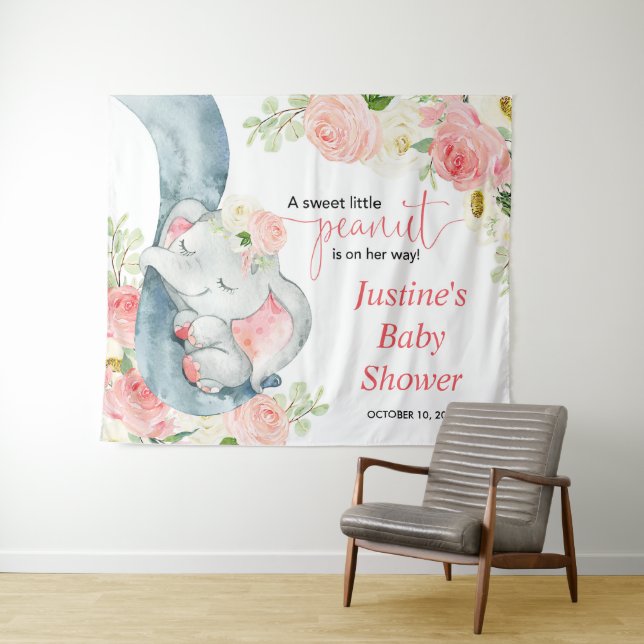 Pink floral elephant baby shower backdrop sign (In Situ (Horizontal))