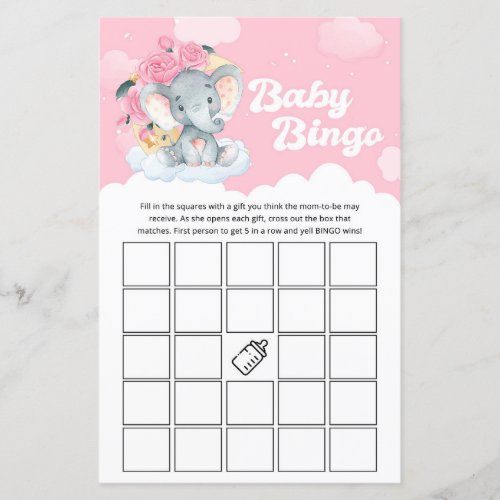 Pink Floral Elephant Baby Shower Bingo Game