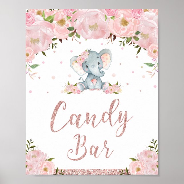 Pink Floral Elephant Baby Shower Candy Bar Sign (Front)