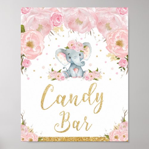 Pink Floral Elephant Baby Shower Candy Bar Sign