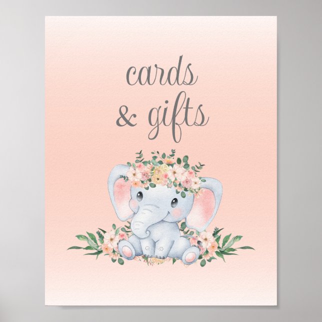 Pink Floral Elephant Baby Shower Cards and Gifts Poster (Front)