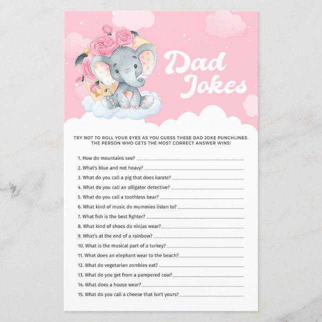 Pink Floral Elephant Baby Shower Dad Jokes Game (Front)