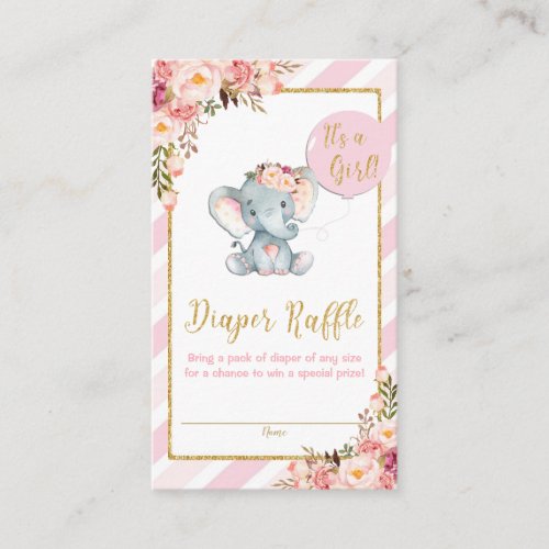 Pink Floral Elephant Baby Shower Diaper Raffle Enclosure Card