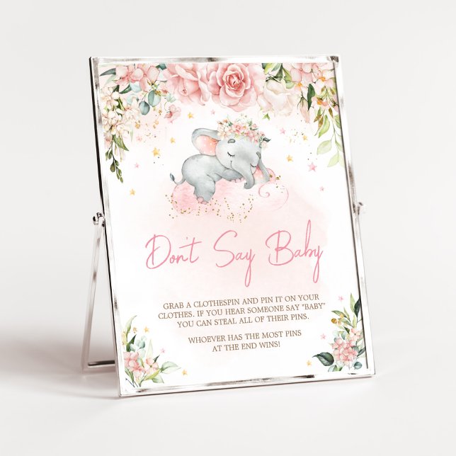 Pink Floral Elephant Baby Shower Don't Say Baby Poster (Pink Floral Sleeping Elephant Baby Shower Don't Say Baby Sign)
