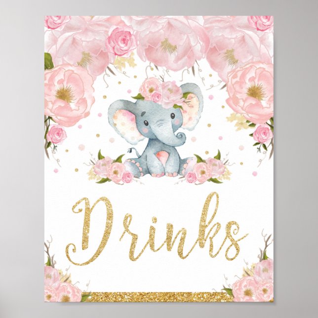 Pink Floral Elephant Baby Shower Drinks Sign Decor (Front)