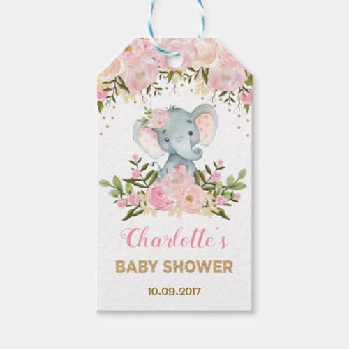 Pink Floral Elephant Baby Shower Favor Gift Tag