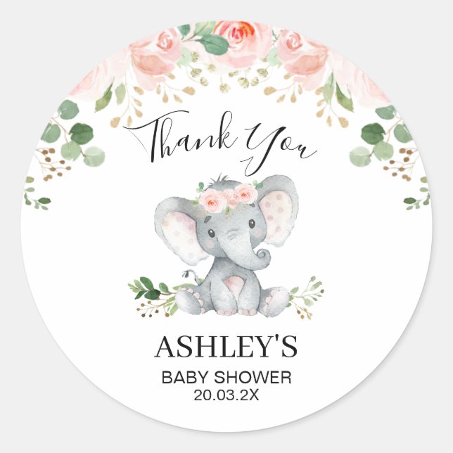 Pink Floral Elephant Baby Shower Favor Sticker (Front)