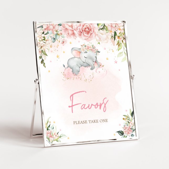 Pink Floral Elephant Baby Shower Favors Poster (Pink Floral Sleeping Elephant Baby Shower Favors Sign)