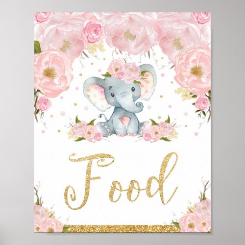 Pink Floral Elephant Baby Shower Food Sign Decor
