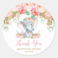 Pink Floral Elephant Baby Shower Girl Favors Classic Round Sticker