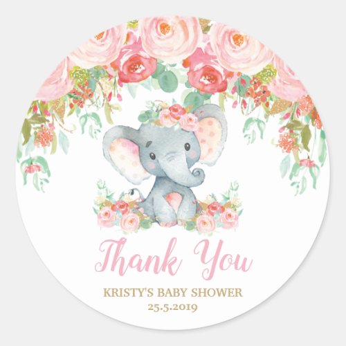 Pink Floral Elephant Baby Shower Girl Favors Classic Round Sticker
