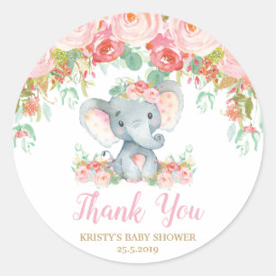 Pink Floral Elephant Baby Shower Girl Favors Classic Round Sticker