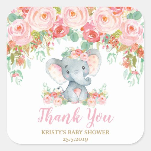 Pink Floral Elephant Baby Shower Girl Favors Square Sticker
