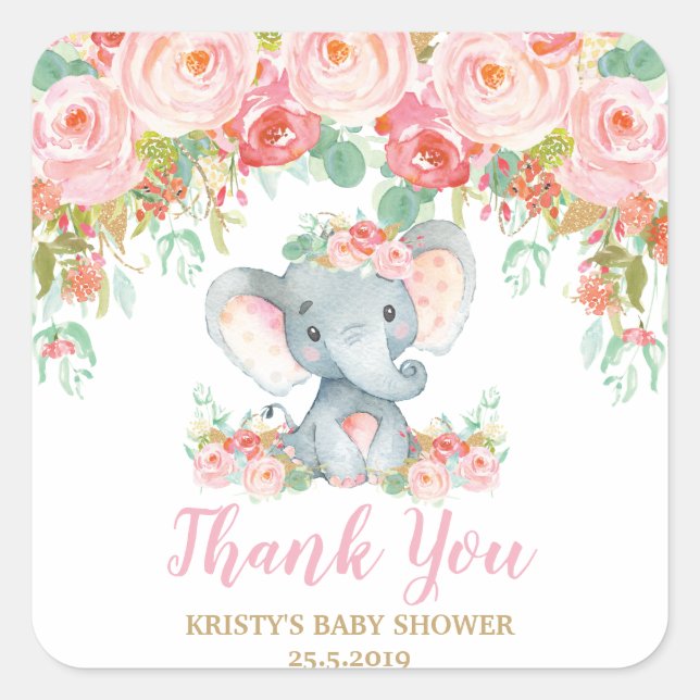 Pink Floral Elephant Baby Shower Girl Favors Square Sticker (Front)