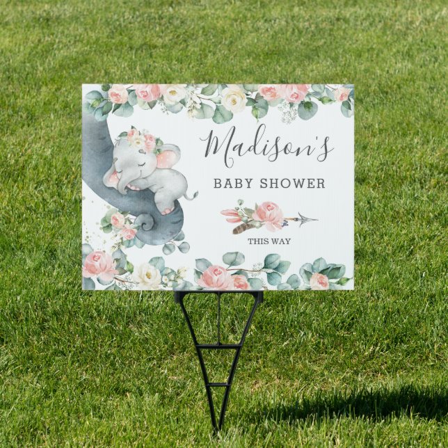 Pink Floral Elephant Baby Shower Girl Yard Outdoor Sign (Insitu)