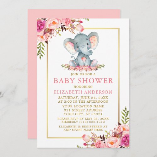 Pink Floral Elephant Baby Shower Gold Frame Invitation