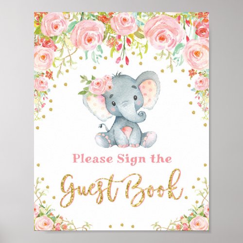 Pink Floral Elephant Baby Shower Guest Book Sign