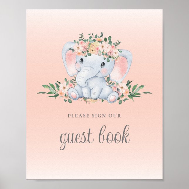Pink Floral Elephant Baby Shower Guest Book Sign (Front)
