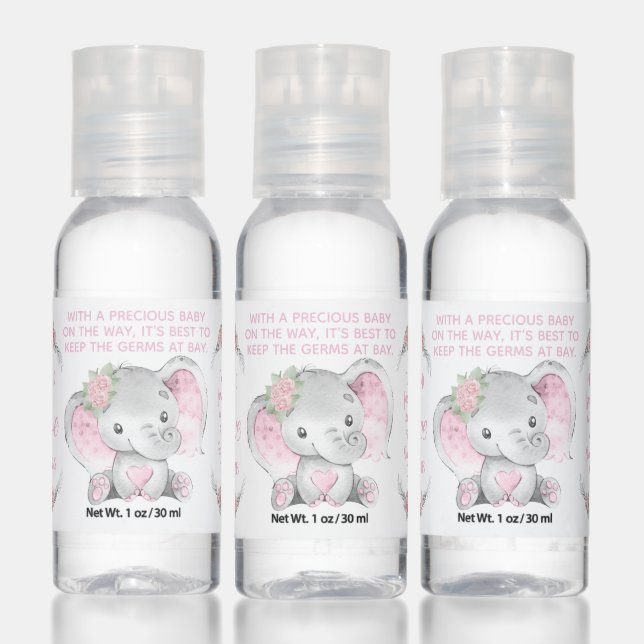 Pink Floral Elephant Baby Shower Hand Sanitizer (Set)