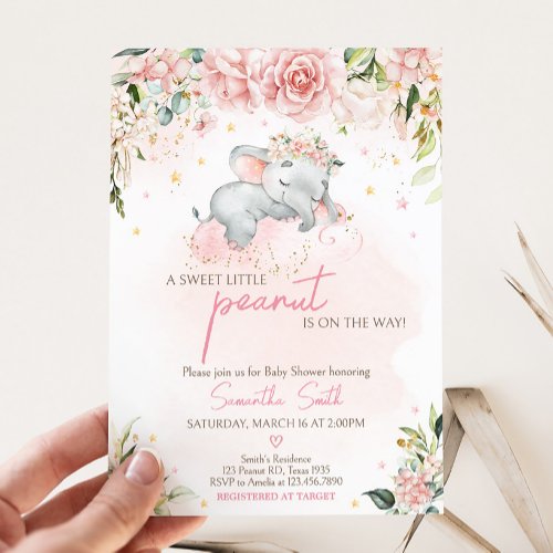 Pink Floral Elephant Baby Shower  Invitation