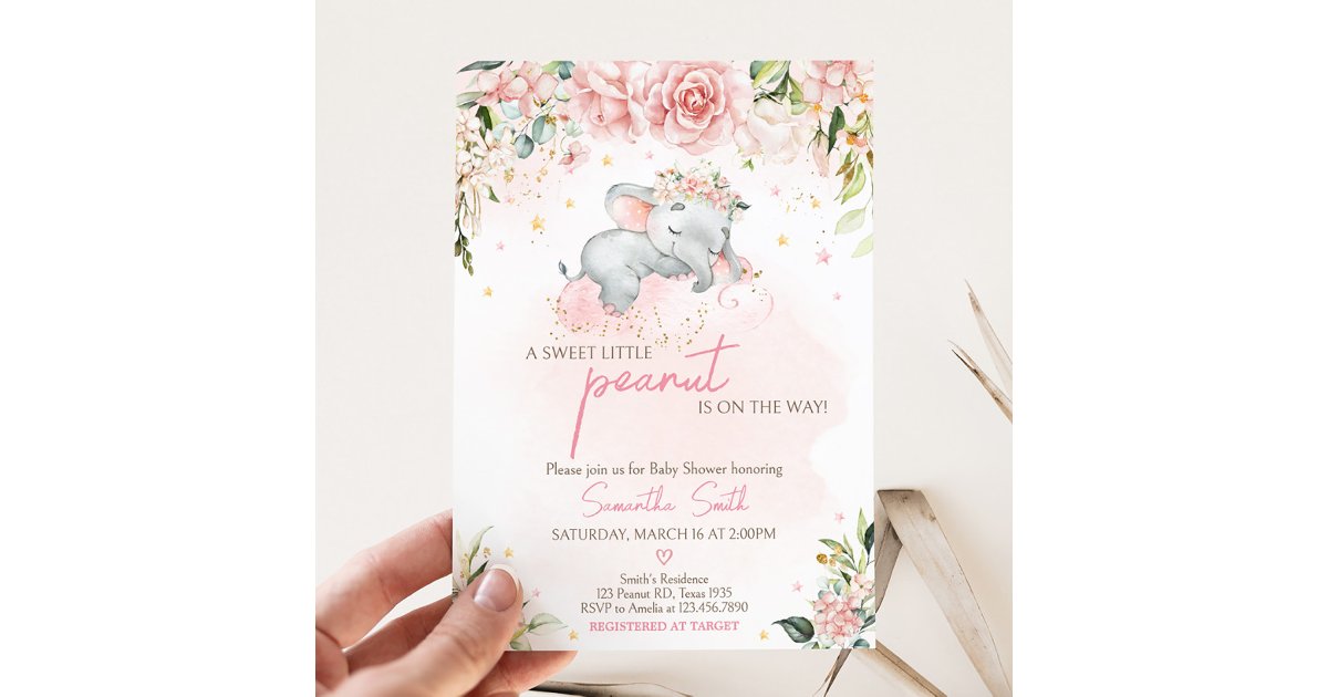 Pink Floral Elephant Baby Shower Invitation | Zazzle