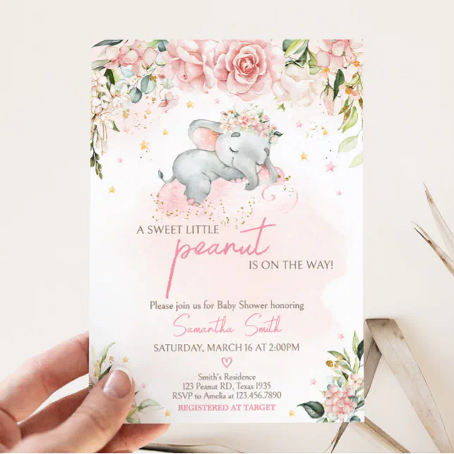 Pink Floral Elephant Baby Shower Invitation | Zazzle