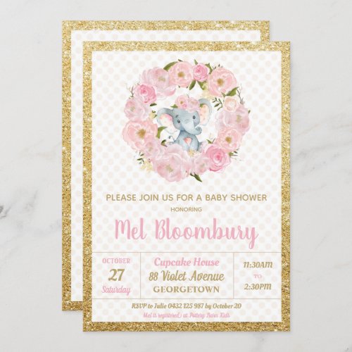 Pink Floral Elephant Baby Shower Invitation Girl