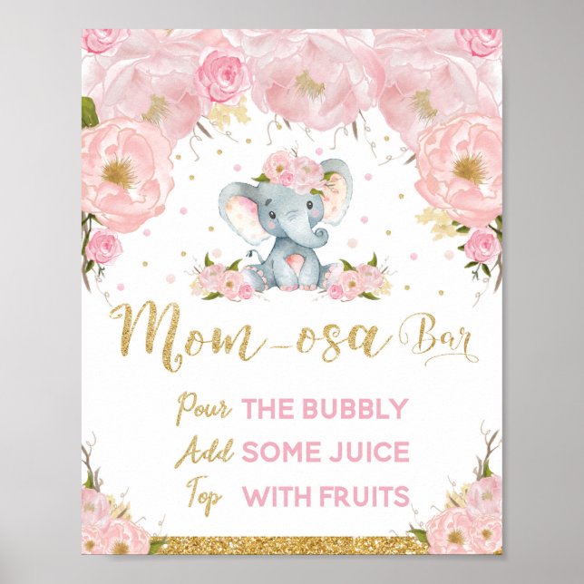 Pink Floral Elephant Baby Shower Mom-osa Bar Poster (Front)