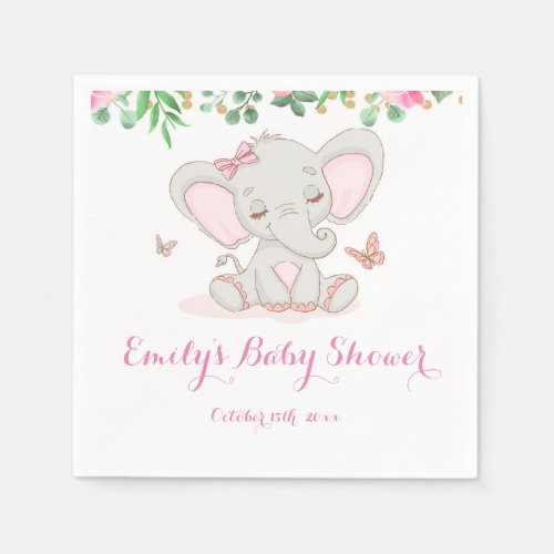 Pink floral elephant baby shower napkin