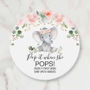 Pink Floral Elephant Baby Shower Pop It   Favor Tags