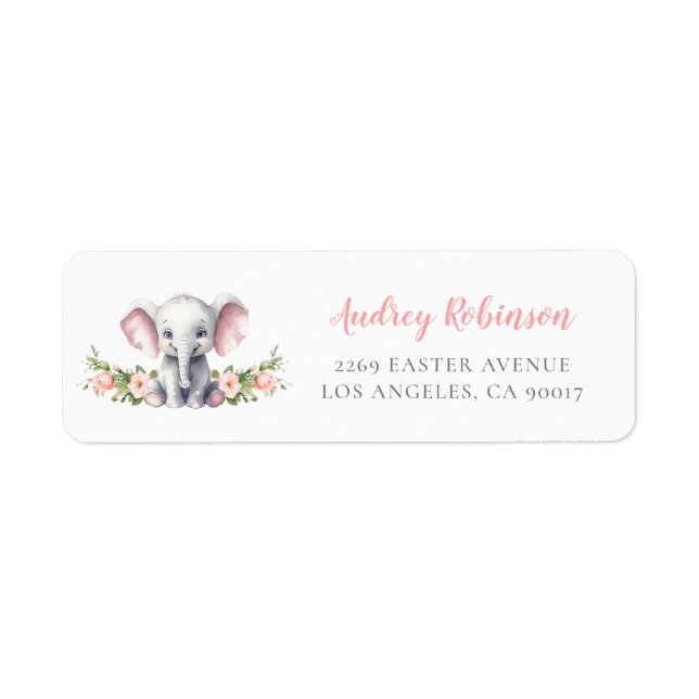 Pink Floral Elephant Baby Shower Return Address Label (Front)