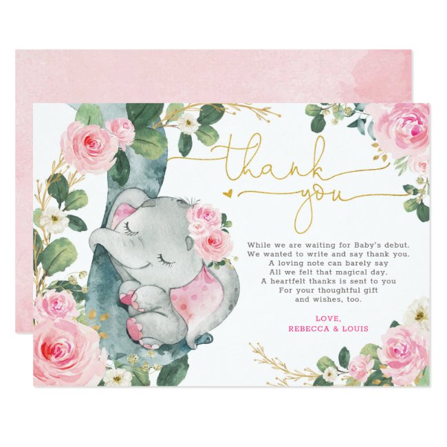 Pink Floral Elephant Baby Shower Thank You Card