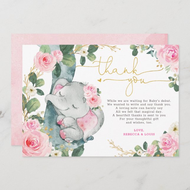 Pink Floral Elephant Baby Shower Thank You Card (Front/Back)
