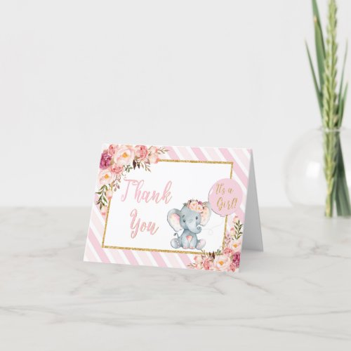 Pink Floral Elephant Baby Shower Thank You Card