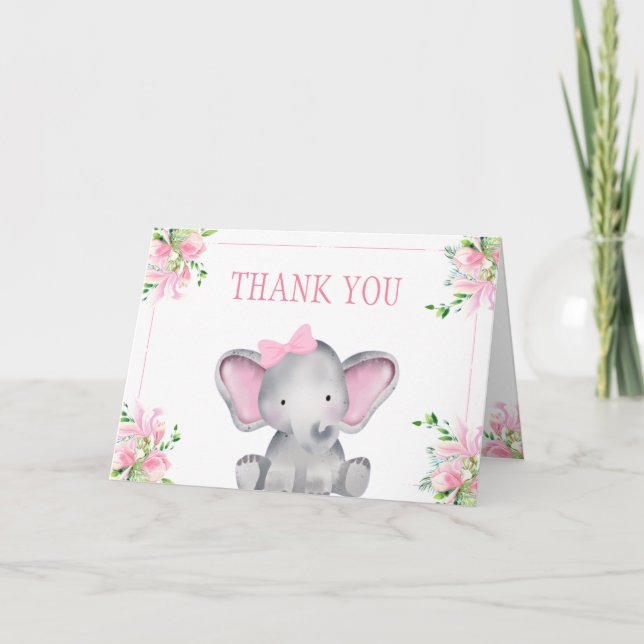 Pink Floral Elephant Baby Shower   Thank You Card (Front)