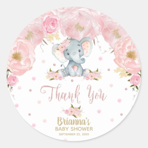 Pink Floral Elephant Baby Shower Thank You Classic Round Sticker