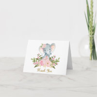 Pink Floral Elephant Baby Shower Thank You Note