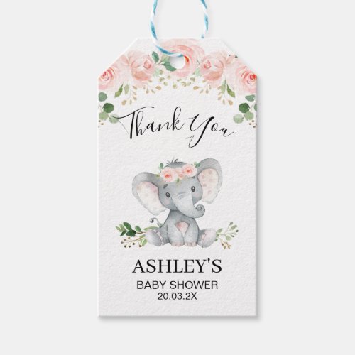 Pink Floral Elephant Baby Shower Thank You Tag